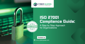 ISO 27001 compliance guide banner with cybersecurity padlock illustration